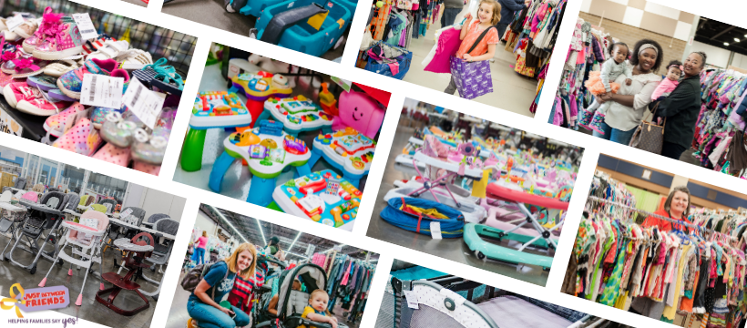 A collage of children's clothes, toys, shoes, baby gear, and happy shoppers
